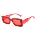 Rechteckige Sonnenbrille in rotem Rahmen mit Schlangenmuster und Silbernieten - Roter Rahmen Rote Gläser
