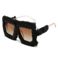 Occhiali da sole quadrati in pelliccia sintetica nera con lenti marroni sfumate moda - Montatura Champagne Peluche Nero