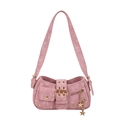 Pink Y2K star rivet hobo bag with gold chain charms and metal buckles on white background - Pink