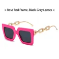 Square rose red sunglasses with chain temples and black grey lenses for women - Rose Red Frame Grey Lens