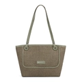 Borsa tote in tessuto marrone con finiture in pelle verde e placca logo F&B - Verde