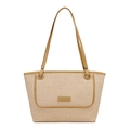 Borsa tote minimalista in paglia beige con finiture in pelle marrone su fondo bianco - Giallo
