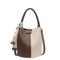 Bolso cubo bicolor marrón y beige con textura de lichi y correa de hombro ajustable - Caqui