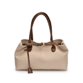 Beige Canvas-Tragetasche mit braunem Lederbesatz und Gold-Schnallen für den Sommer - Groß / Beige/Braun Groß
