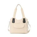 Bolso tote de lona beige grande con detalles de cuero negro y remaches para mujer - Blanco Roto