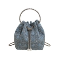 Light blue denim bucket bag with silver crystal patterns and white pearl drawstrings - Dark Blue