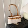 Elegante borsa tote in tela beige con manici in pelle marrone e dettagli in metallo - Marrone
