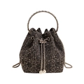 Dark grey bucket bag with grid rhinestone pattern, pearl drawstrings and silver handle - Black