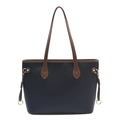 Large capacity black pebble tote bag with brown straps and side drawstring design - Black