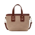 Beige gewebte Beuteltasche mit braunen Ledergriffen und goldenen Nieten-Details - Khaki