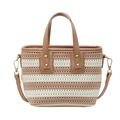 Gestreifte geflochtene Beuteltasche in Beige und Braun mit Ledergriffen und Goldteilen - Gestreift Khaki