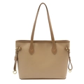 Large beige grainy leather tote bag with long shoulder straps and drawstring detail - Khaki