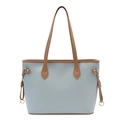 Large light blue pebbled leather tote bag with brown contrast handles and gold hardware - Blue