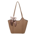Braune Shopper-Tasche aus Leder mit Seidenschal-Accessoire für Damen im Büro-Alltag - Leoparden-Patchwork Schal Stil / Khaki
