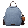 Mini zaino in denim azzurro con spalline in pelle marrone e ciondolo a orsetto - Senza Ciondolo / Blu