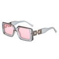 Chic square sunglasses with translucent grey blue frame, pink lenses and chain temples - Grey Frame / Pink Lens