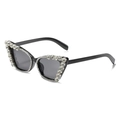 Cat-Eye-Sonnenbrille mit schwarzem Oversize-Rahmen und funkelnder Strass-Kette - Schwarzer Rahmen Graue Gläser Weiße Strasssteine