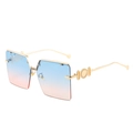 Oversized square rimless sunglasses featuring blue and pink gradient lenses and gold temples - Gold Frame Gradient Blue Pink Lens