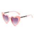 Pink heart-shaped sunglasses with purple gradient lenses and black chain temple accents - New Style / Standard Pink Frame with Double Grey Lenses and Black Chain