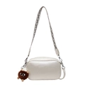 Fashionable pearlescent square crossbody bag with wide strap and cute plush charm - White