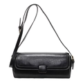 Vintage black baguette bag with glossy leather texture and adjustable strap for women - Black