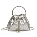Secchiello trapuntato argento con strass, manico in metallo e coulisse di perle - Stile Con Manico / Argento