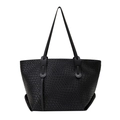 Bolso tote grande de tejido negro con textura de cuero clásica y correas de hombro dobles - Negro