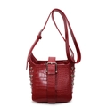 Red crocodile pattern leather bucket bag with silver rivets and adjustable strap - Burgundy