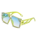Oversized lime green rhinestone sunglasses with blue gradient lenses and hollowed temples - Transparent Green/Blue-Green Gradient Lens (White Rhinestone)