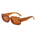 Fashionable tortoise shell rectangle sunglasses with dark brown lenses on white background - Leopard Frame / Tea Lens