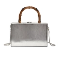Silver structured box bag with bamboo handle and metal chain strap on white background - Silver