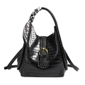 Black crocodile embossed bucket bag with gold clasp and decorative silk scarf handle - Black