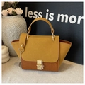 Mustard yellow suede crossbody bag with brown crocodile pattern leather and gold lock - Yellow Brown