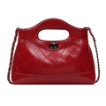 Deep red quilted chain shoulder bag with glossy diamond pattern and silver lock - Red
