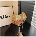 Golden peanut-shaped evening bag with shimmering crystals and removable bead chain - Gold