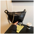 Chic black shiny PU leather chest bag with golden chain strap and vintage casual style - Black
