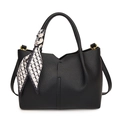 Minimalist black pebble leather tote bag with geometric silk scarf and gold hardware - Black