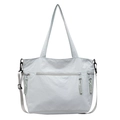 Light grey canvas tote bag with double front zip pockets and green zipper pulls - Blue