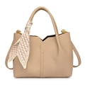 Minimalist beige pebble leather tote bag with silk scarf and detachable shoulder strap - Khaki