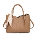 Brown leather tote bag with lychee texture, scarf detail and adjustable strap - Biscuit