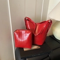 Large red crocodile pattern bucket bag and matching small pouch set for women - Croc-Embossed Set (2pcs) / Red Set