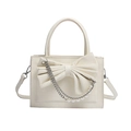 White faux leather handbag with a large bow detail, silver chain and pearl strap decor - White