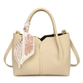 Chic cream litchi grain tote bag with floral scarf handle and gold hardware - Off White