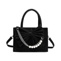 Elegant black velvet handbag with large bow, silver chain and pearl charm detail - Black