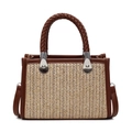 Bolso de hombro de paja tejida con adornos de cuero y asa superior trenzada artesanal - Caqui