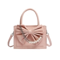 Pink ribbon handbag with pearl chain and silver metal accents for women stylish look - Pink