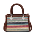 Bolso de paja tejida a rayas de colores con asas de cuero marrón y correa larga - Colorido