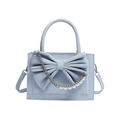 Light blue bow handbag with pearls and silver chain strap in premium faux leather - Blue