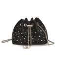 Black quilted bucket bag with rhinestones, metal chain strap and pearl drawstring detail - No Handle Style / Black