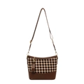 Retro checkered bucket bag with brown leather base and adjustable crossbody shoulder strap - Brown